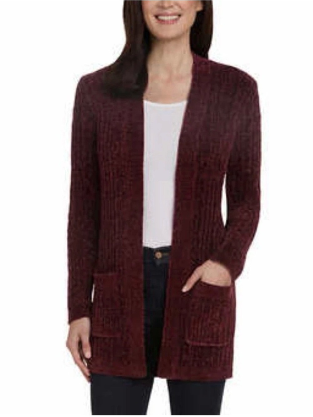 Matty M Open-Front Ribbed Chenille Cardigan in Burgundy